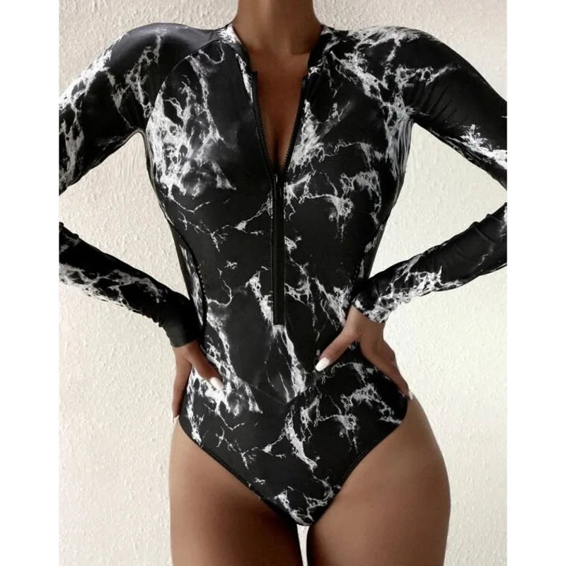 Summer Print Zipper Swimsuit Closed Long Sleeve Swimwear Sports Surfing