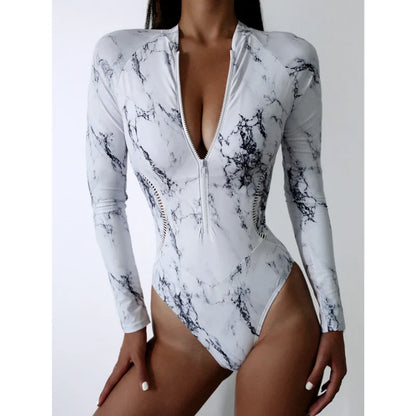 Summer Print Zipper Swimsuit Closed Long Sleeve Swimwear Sports Surfing