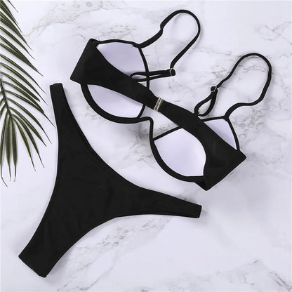 Sexy Women'S Push Up Bikini Sets Solid Black White Low-Cut Beach Swimsuits For Women V-Neck Padded Bathing Suit Bikini 2024