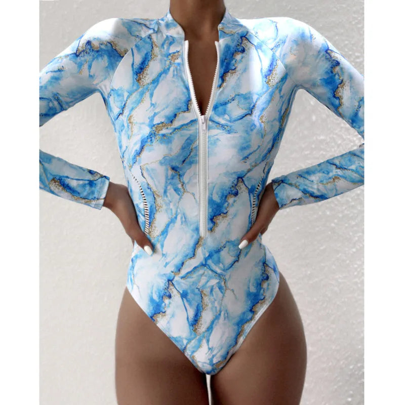 Summer Print Zipper Swimsuit Closed Long Sleeve Swimwear Sports Surfing