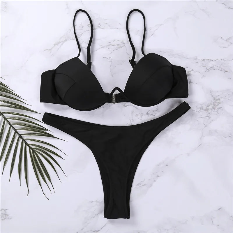 Sexy Women'S Push Up Bikini Sets Solid Black White Low-Cut Beach Swimsuits For Women V-Neck Padded Bathing Suit Bikini 2024