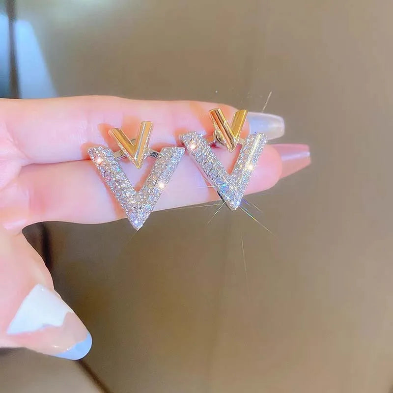 Gold Color Zircon Letter V Stud Earrings Triangle Geometric Earrings Jewelry