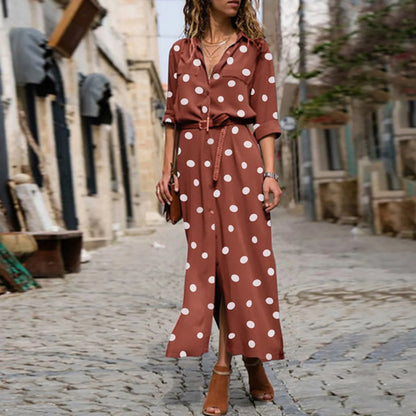 Long Sleeve Polka Dot Print Maxi Dresses Women'S Button Slit Long Flowy Shirt Dress Korean Street Trend Outfits Vestido Feminino