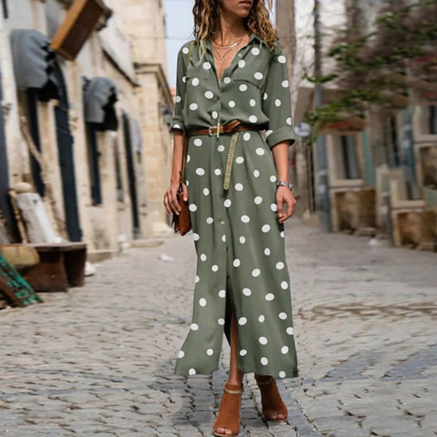 Long Sleeve Polka Dot Print Maxi Dresses Women'S Button Slit Long Flowy Shirt Dress Korean Street Trend Outfits Vestido Feminino