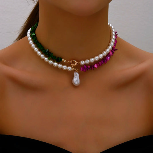 Big Pearl Necklace Fashion Pearl Green Rose Color Stone Choker Necklace