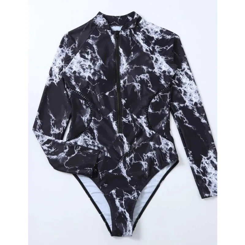 Summer Print Zipper Swimsuit Closed Long Sleeve Swimwear Sports Surfing