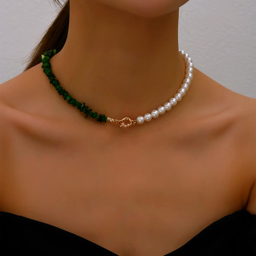 Big Pearl Necklace Fashion Pearl Green Rose Color Stone Choker Necklace