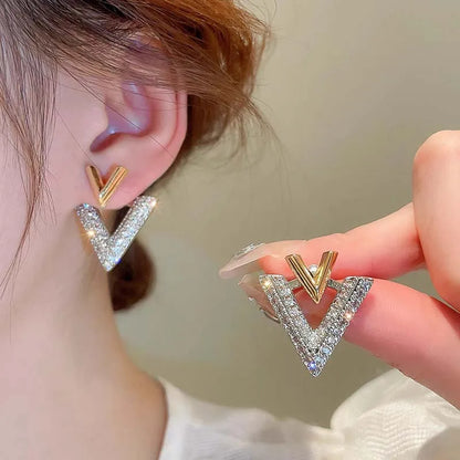 Gold Color Zircon Letter V Stud Earrings Triangle Geometric Earrings Jewelry