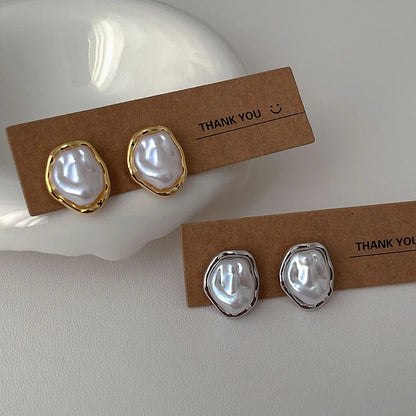 Geometric Irregular Round Metal Pearl Earrings for Women