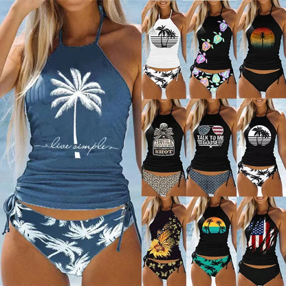 Women's Bathing Suit Coconut Drawstring Side Halter Neck Tankini Set Summer Beach Wear Cute Swimwear