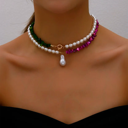 Big Pearl Necklace Fashion Pearl Green Rose Color Stone Choker Necklace