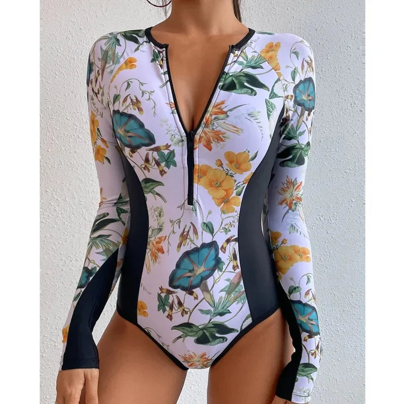 Summer Print Zipper Swimsuit Closed Long Sleeve Swimwear Sports Surfing